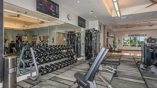 workout area with ceiling fan