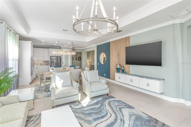 tiled living room featuring a raised ceiling, crown molding, and sink