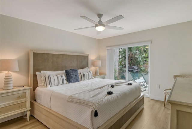 bedroom featuring access to outside, ceiling fan, and light hardwood / wood-style flooring