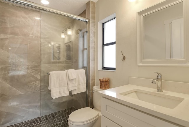 bathroom with vanity, toilet, and a shower with shower door