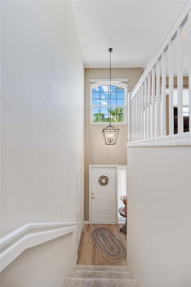 doorway featuring a chandelier, a high ceiling, and light wood-type flooring