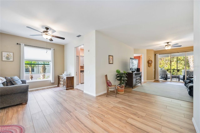 living room with a wealth of natural light, light hardwood / wood-style flooring, and ceiling fan