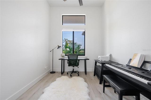 office area featuring ceiling fan and light hardwood / wood-style flooring