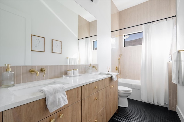 full bathroom featuring shower / bath combination with curtain, vanity, toilet, and tile patterned flooring