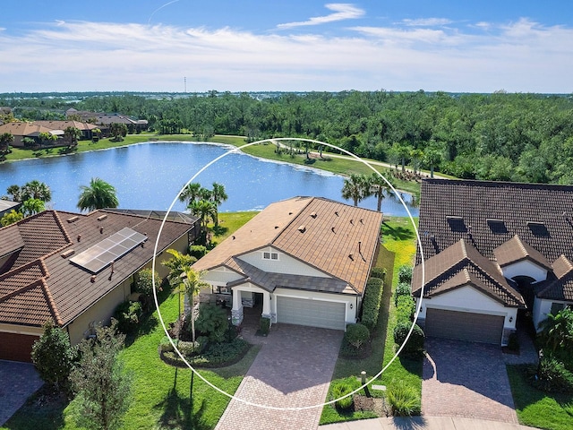 drone / aerial view featuring a water view