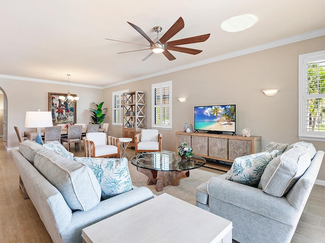 living room with ceiling fan with notable chandelier, light hardwood / wood-style floors, and crown molding