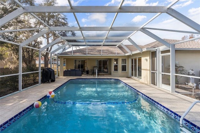 view of swimming pool with an outdoor living space, area for grilling, a lanai, and a patio