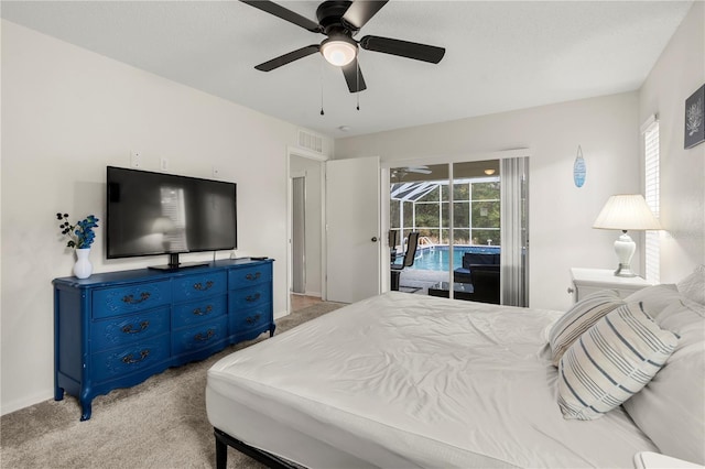 bedroom with ceiling fan, light carpet, and access to outside