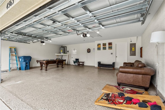 garage with electric panel, a garage door opener, and water heater