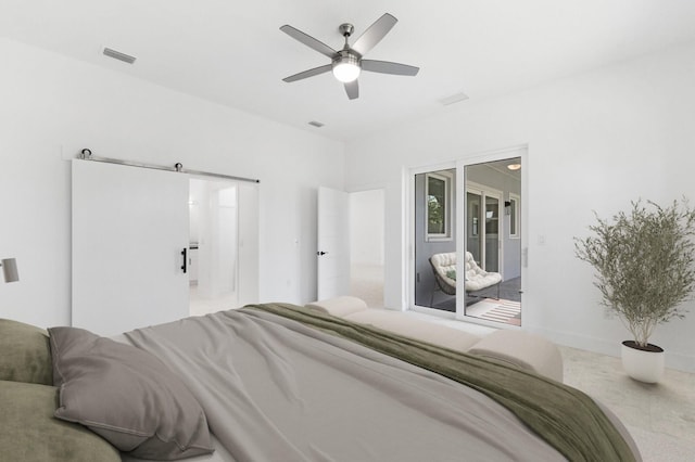 bedroom featuring access to exterior and ceiling fan