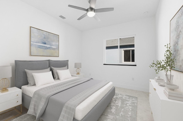 bedroom with light tile patterned floors and ceiling fan