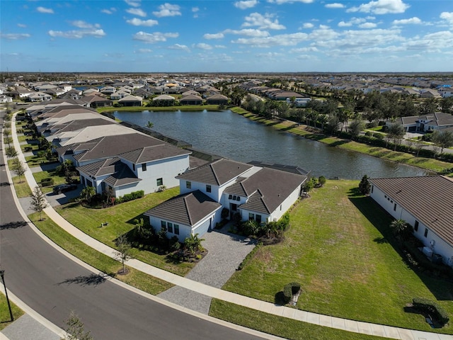 drone / aerial view featuring a water view