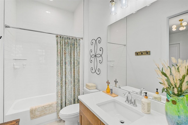 full bathroom with vanity, shower / bath combination with curtain, and toilet