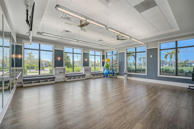 workout room with dark hardwood / wood-style flooring, a raised ceiling, and ceiling fan