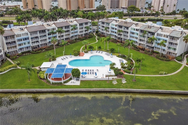 drone / aerial view featuring a water view