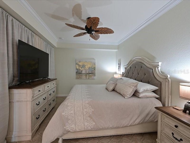 bedroom featuring ceiling fan and ornamental molding