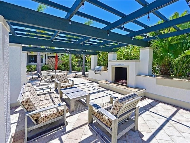 view of patio / terrace with an outdoor kitchen, a pergola, grilling area, and an outdoor hangout area