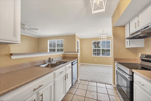 kitchen featuring light carpet, sink, ceiling fan, white cabinetry, and stainless steel appliances