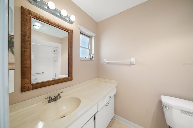 bathroom featuring toilet, a shower, tile patterned flooring, and vanity