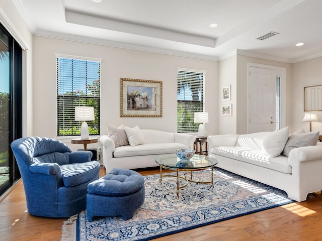 living room with a tray ceiling, crown molding, and hardwood / wood-style flooring