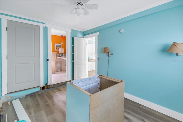 office space with ceiling fan, dark hardwood / wood-style flooring, and ornamental molding