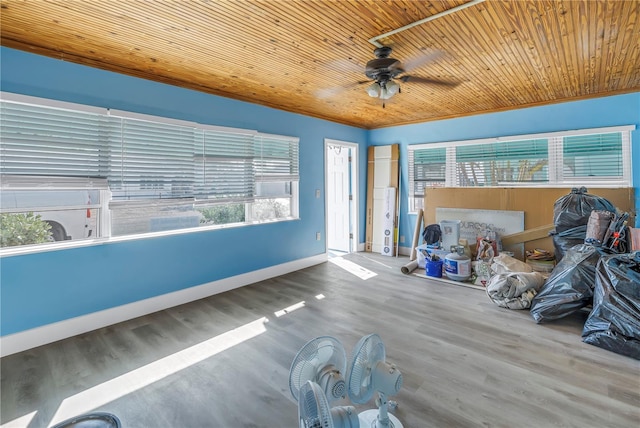 interior space featuring ceiling fan and wooden ceiling