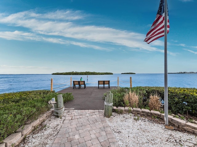 exterior space with a water view
