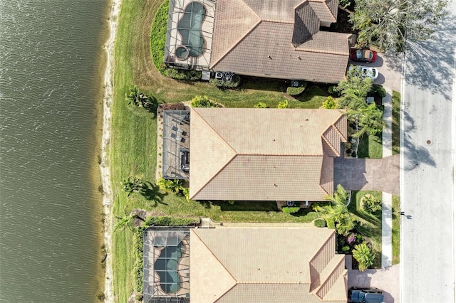 aerial view featuring a water view