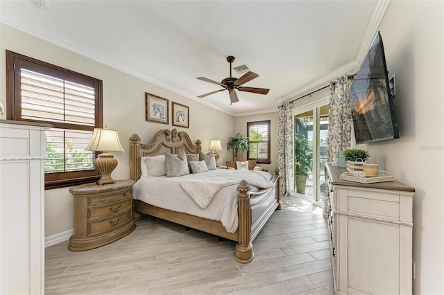 bedroom featuring access to exterior, ceiling fan, and crown molding