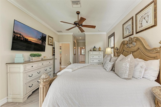 bedroom featuring ceiling fan and ornamental molding