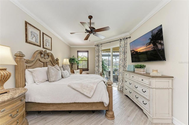 bedroom featuring access to exterior, ceiling fan, and ornamental molding