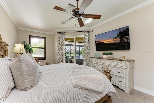 bedroom featuring access to outside, ceiling fan, and ornamental molding