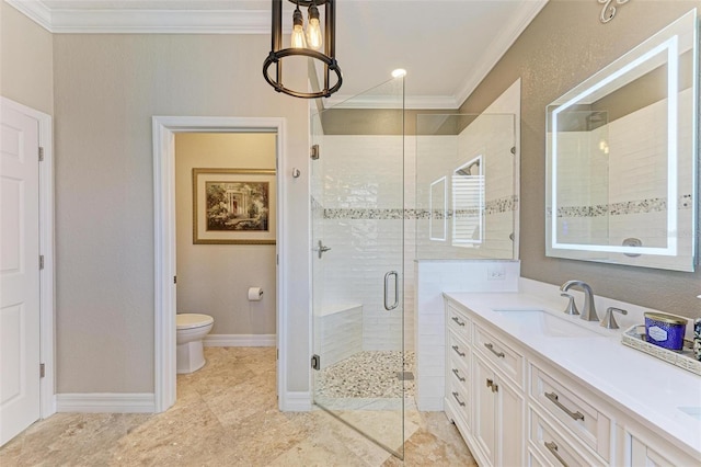 bathroom with toilet, an enclosed shower, ornamental molding, and vanity