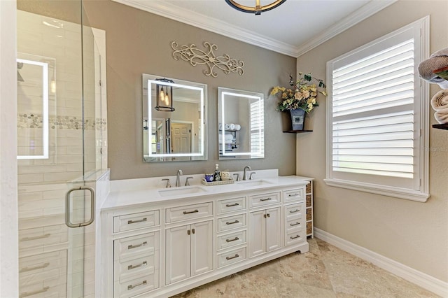 bathroom featuring vanity, an enclosed shower, and ornamental molding