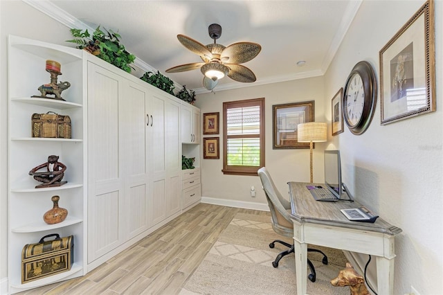 office featuring crown molding, ceiling fan, and light hardwood / wood-style floors