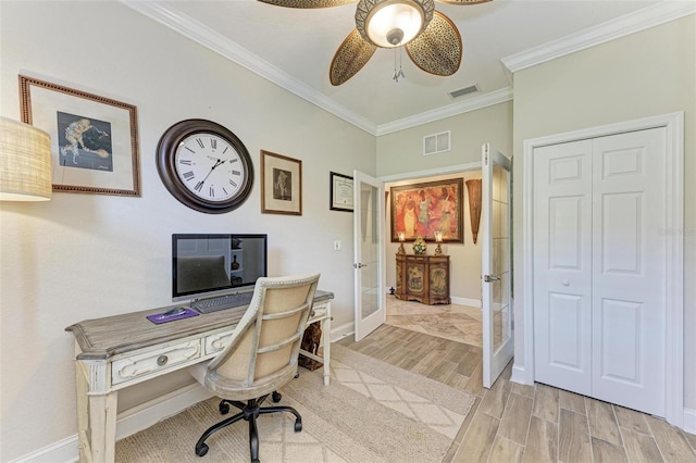 office space featuring ceiling fan, french doors, and ornamental molding