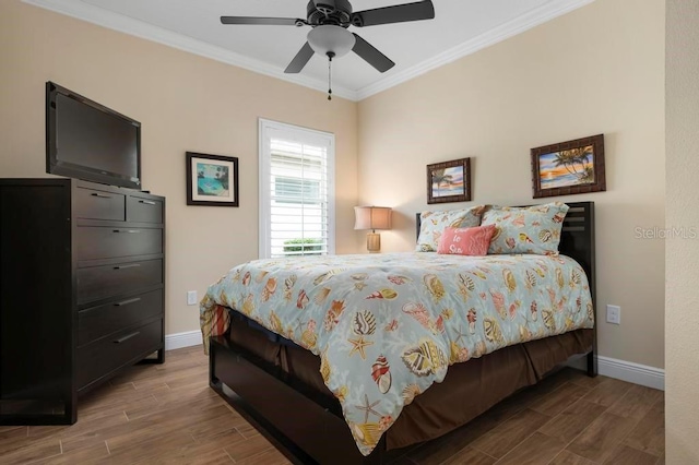 bedroom featuring ceiling fan and crown molding