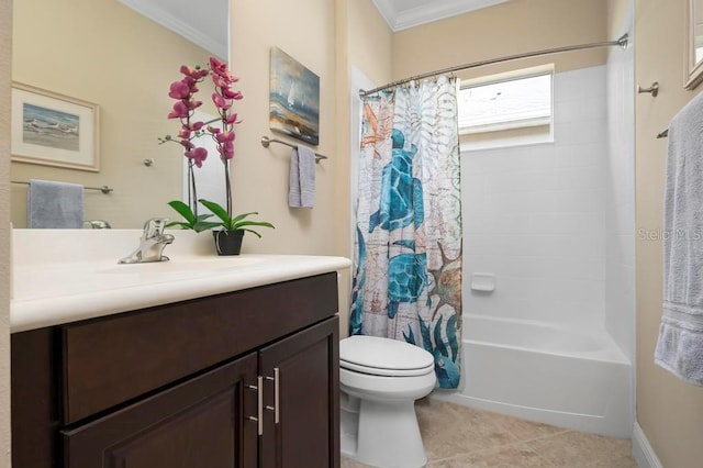 full bathroom with shower / bath combination with curtain, vanity, toilet, and crown molding