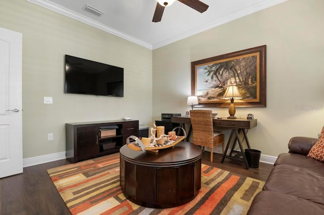 living room with dark hardwood / wood-style floors, ceiling fan, and ornamental molding