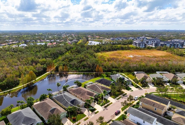 bird's eye view with a water view