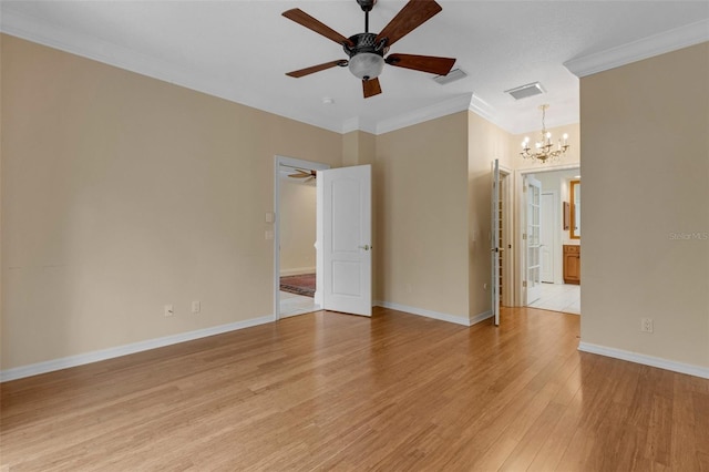 unfurnished room featuring light wood-type flooring, ceiling fan with notable chandelier, and crown molding