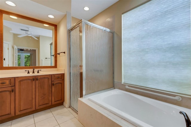 bathroom featuring vanity, tile patterned floors, ceiling fan, and independent shower and bath