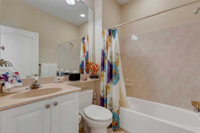 full bathroom featuring vanity, toilet, and shower / bathtub combination with curtain