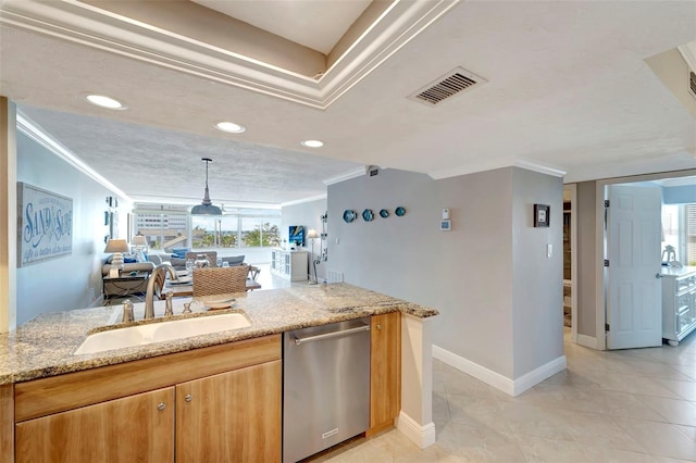 kitchen with light stone counters, ornamental molding, sink, pendant lighting, and dishwasher