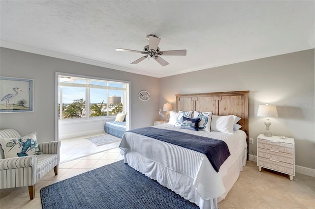 bedroom featuring ceiling fan, crown molding, and light tile patterned floors