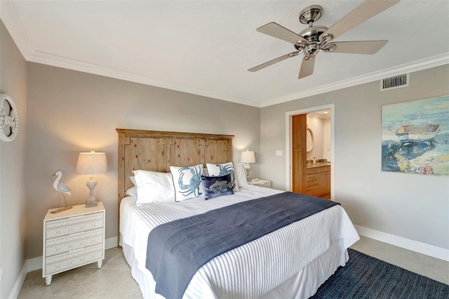 tiled bedroom with connected bathroom, ceiling fan, and ornamental molding