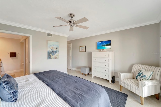 bedroom with ceiling fan, light tile patterned flooring, and ornamental molding