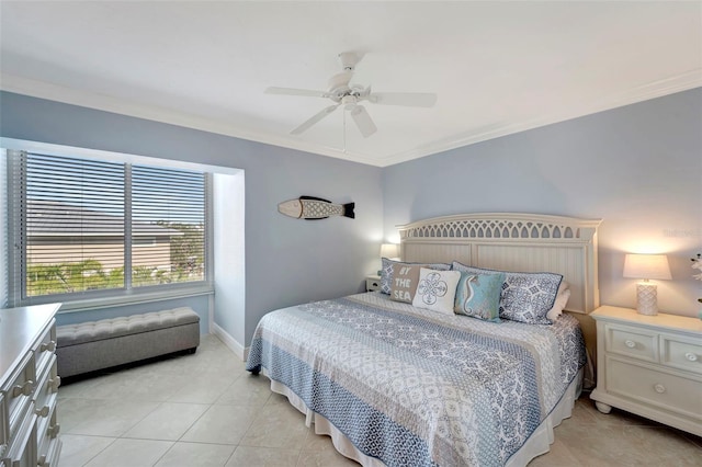 tiled bedroom featuring ceiling fan and ornamental molding