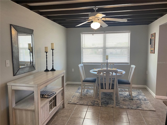 tiled dining space featuring beamed ceiling and ceiling fan