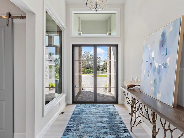 doorway to outside with plenty of natural light, a barn door, and light wood-type flooring